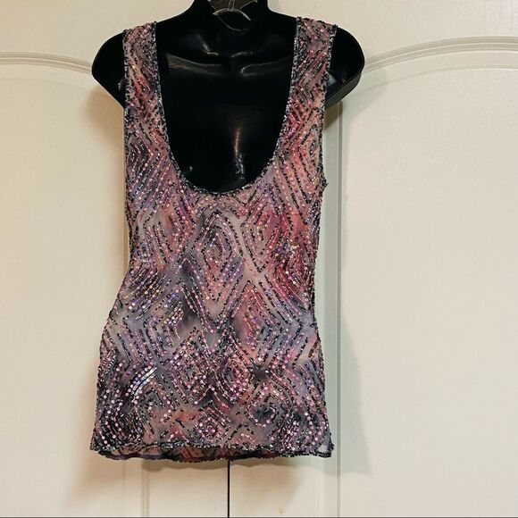 VTG Y2K Boho Fairy Pink Silk Silver beaded Sequin Scoop Back Sleeveless Tunic L - Picture 6 of 16